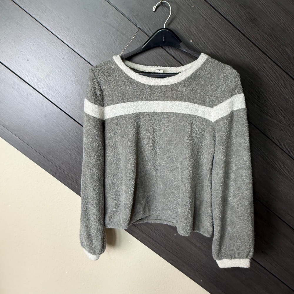 Lazy Sundays Women's Terry Cloth Cropped Pullover Medium Army Green Striped
